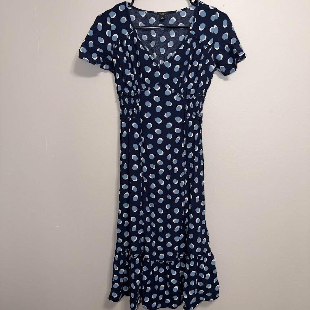 Ann Taylor XS Navy Polka Dot Midi Dress Short Sleeve - Picture 2 of 7